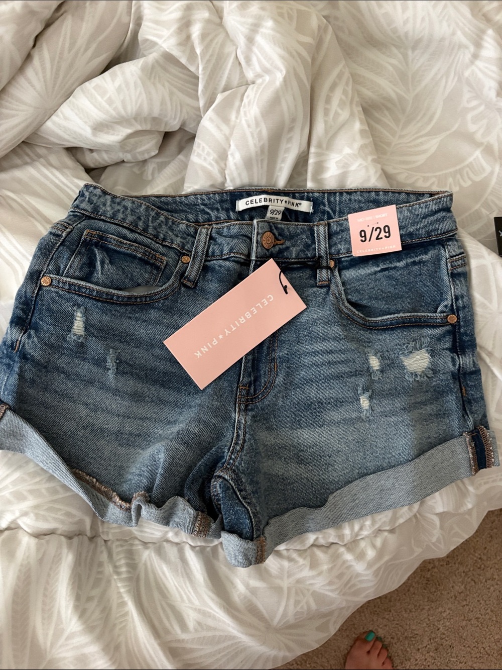 Celebrity Pink Blue Distressed Rolled Cuff Denim Shorts